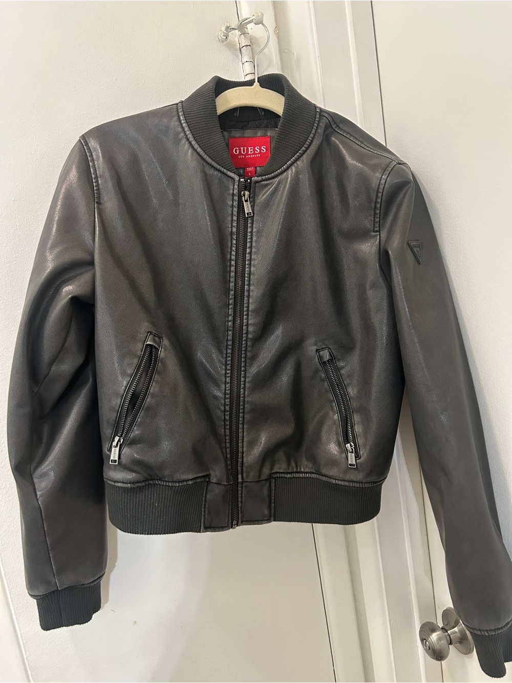 Vintage GUESS Y2K vegan Leather Bomber moto Jacket Women’s Size M L gray Black